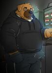  2023 anthro araiguma_11 belly black_nose brown_body bulge canid canine canis clothed clothing detailed_background domestic_dog erection erection_under_clothing genital_outline hoodie kemono male mammal overweight overweight_male penis_outline solo topwear 