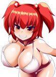  1girl bent_over bikini breasts cleavage collarbone commentary_request cowboy_shot gero_zoukin hair_bobbles hair_ornament highres huge_breasts leaning_forward looking_at_viewer onozuka_komachi red_hair sharp_teeth short_hair simple_background solo swimsuit teeth touhou two_side_up white_background white_bikini 