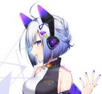  1girl ahoge black_leotard blue_eyes blunt_bangs blunt_ends bob_cut braid breasts character_name collarbone commentary_request cropped french_braid gradient_hair grey_hair hand_up headphones high_collar jacket jacket_partially_removed kitsune_ncv large_breasts leotard looking_at_viewer looking_to_the_side multicolored_hair neutrino_(software) no._7_(neutrino) open_mouth profile purple_hair purple_nails side_braid smile solo symbol_in_eye triangle_hair_ornament twitter_username two-tone_leotard upper_body voicevox white_background white_leotard 