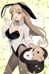  1girl ;d animal_ears black_headwear black_leotard breasts brown_eyes bunny_day cleavage commentary detached_collar fake_animal_ears furukawa_raku hat highres leotard light_brown_hair long_hair nijisanji one_eye_closed pantyhose parted_bangs rabbit rabbit_ears sister_cleaire smile solo straight_hair strapless strapless_leotard top_hat virtual_youtuber 