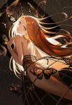  1girl back bare_shoulders bug butterfly forehead highres in_cage leotard looking_at_viewer looking_back neck_ribbon on_(onon2659) orange_eyes orange_hair orange_leotard original ribbon 