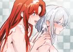  2girls bathing blue_eyes blush breasts ear_blush hands_on_another&#039;s_back hands_on_another&#039;s_shoulders highres hong_meiling izayoi_sakuya large_breasts multiple_girls nude open_mouth red_hair sarukana soap_bubbles tile_wall tiles touhou wet white_hair yuri 