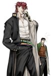  2boys black_hair chain cigarette coat coat_on_shoulders cosplay costume_switch earrings gakuran highres jewelry jojo_no_kimyou_na_bouken kakyoin_noriaki kakyoin_noriaki_(cosplay) kujo_jotaro kujo_jotaro_(cosplay) long_coat male_focus multiple_boys oversized_clothes purple_eyes red_hair school_uniform sleeves_past_wrists smoking stardust_crusaders user_dapv2434 