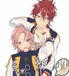  2boys amagi_rinne arm_on_another&#039;s_head blue_eyes closed_mouth commentary_request dot_nose earrings ensemble_stars! jacket jewelry long_sleeves looking_at_another male_focus mma_runn multiple_boys necklace open_clothes open_jacket open_mouth oukawa_kohaku partial_commentary pink_hair purple_eyes red_hair short_hair tiptoes upper_body white_background 
