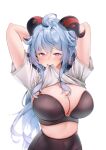  1girl ahoge arms_behind_head arms_up black_bra black_pantyhose blue_hair blush bra breasts cleavage covered_navel embarrassed furrowed_brow ganyu_(genshin_impact) genshin_impact grayfox hair_between_eyes highleg highres horns large_breasts long_hair looking_at_viewer mouth_hold pantyhose purple_eyes shirt shirt_hold skindentation solo underwear upper_body very_long_hair white_background white_shirt 