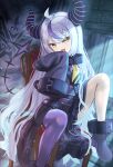  1girl absurdres ahoge ascot black_horns braid braided_bangs coat coat_dress collar demon_horns grey_hair highres hololive horns la+_darknesss la+_darknesss_(1st_costume) metal_collar multicolored_hair on_chair pantyhose pointy_ears purple_coat purple_hair purple_pantyhose roboqlo single_leg_pantyhose sleeves_past_fingers sleeves_past_wrists streaked_hair striped_horns virtual_youtuber yellow_ascot yellow_eyes 