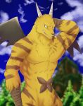  2023 abs anthro chest_tuft chibikoma fur green_nose green_stripes hand_behind_head hi_res horn male mammal muscular muscular_anthro muscular_male nude outside pecs solo striped_body striped_fur stripes teeth tenko the_law_of_ueki tuft wings yellow_body yellow_fur 