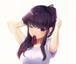  1girl absurdres adjusting_hair arms_up black_eyes black_hair hair_ornament hair_scrunchie hair_tie_in_mouth highres j_humbo komi-san_wa_komyushou_desu komi_shouko long_hair mouth_hold one_eye_closed scrunchie shirt simple_background solo upper_body white_background white_shirt 