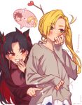  1boy 2girls black_hair black_jacket blonde_hair blush breasts calamity_jane_(fate) earrings fate/grand_order fate_(series) forehead fujimaru_ritsuka_(male) green_eyes grey_shirt grin hair_ribbon highres hoop_earrings ishtar_(fate) jacket jewelry large_breasts long_hair long_sleeves looking_to_the_side mitsurugi_sugar multicolored_hair multiple_girls parted_bangs poking red_eyes red_hair ribbon shirt side_ponytail smile space_ishtar_(fate) speech_bubble two-tone_hair two_side_up 