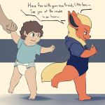  anthro arm_pull barefoot battler clothing counting counting_money dialogue diaper distressed duo eeveelution feet female flareon generation_1_pokemon grabbing_hand hand_out hi_res hoodie human male mammal nintendo overalls pokemon pokemon_(species) pulling_away quarters roy_(poofwoof) sibling_(lore) speech_bubble toes topwear 
