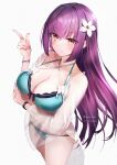  1girl absurdres bare_shoulders bikini black_bikini blush breasts cleavage collarbone fate/grand_order fate_(series) flower green_bikini hair_between_eyes hair_flower hair_ornament hane_yuki highres index_finger_raised large_breasts long_hair long_sleeves looking_at_viewer open_clothes open_shirt purple_hair red_eyes scathach_(fate) scathach_skadi_(fate) scathach_skadi_(swimsuit_ruler)_(fate) scathach_skadi_(swimsuit_ruler)_(final_ascension)_(fate) see-through smile solo swimsuit thighs two-tone_bikini 
