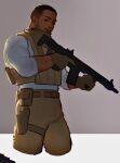  1boy arm_hair bara beard_stubble bulletproof_vest call_of_duty call_of_duty:_modern_warfare_2 cropped_legs dark-skinned_male dark_skin gaz_(call_of_duty_4) gun highres holding holding_gun holding_weapon looking_at_viewer male_focus mature_male muscular muscular_male mustache_stubble rifle short_hair skindentation solo thick_thighs thighs weapon weapon_case yuli_(bbgyz44) 