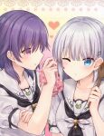  2girls ascot black_ascot blue_eyes blush chocolate chocolate_on_face collarbone commentary_request cooking eyelashes eyes_visible_through_hair fingernails food food_on_face grey_hair hair_between_eyes hair_ornament hairclip hand_on_own_arm hand_up heart highres holding holding_spoon long_hair looking_at_another maruma_(maruma_gic) mizuori_shizuku multiple_girls naruse_shiroha one_eye_closed open_mouth parted_lips profile puffy_short_sleeves puffy_sleeves purple_eyes purple_hair sailor_collar school_uniform second-party_source shirt short_sleeves sidelocks simple_background sparkle spoon summer_pockets upper_body white_sailor_collar white_shirt wiping_face 