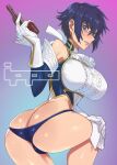  1girl absurdres ass blue_eyes blue_hair blush breasts butt_crack gloves gun high-cut_armor highres holding holding_gun holding_weapon ippo large_breasts looking_at_viewer persona persona_4 shiny_skin shirogane_naoto short_hair simple_background solo weapon 