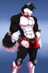  2020 abs anthro artist_name biceps big_bulge black_body black_fur black_hair bottomwear bulge canid canine canis claws clothed clothing dated deltoids digital_drawing_(artwork) digital_media_(artwork) fingers fluffy fluffy_tail fur ghost_woods_j hair hi_res hungothenomster long_tail looking_at_viewer male mammal multicolored_body multicolored_fur navel pecs red_eyes scar short_hair shorts shorts_only simple_background solo tail tight_bottomwear tight_clothing tight_shorts two_tone_body two_tone_fur underwear underwear_only watermark white_body white_fur wolf 