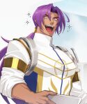  1boy bhima_(fate) bhima_(second_ascension)_(fate) bowl dark-skinned_male dark_skin fate/grand_order fate_(series) highres holding holding_bowl long_hair lv1na_ura male_focus muscular muscular_male ponytail purple_eyes purple_hair simple_background sleeves_rolled_up smile upper_body white_background 