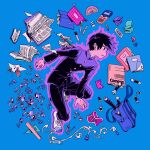  1boy aryll_(marbles) black_eyes black_hair black_pants blue_background book calculator eraser fingernails floating full_body highres kageyama_ritsu levitation long_sleeves male_focus marker mob_psycho_100 open_book pants pen pencil pencil_sharpener school_uniform shoelaces shoes solo spoon telekinesis 