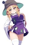  1girl @_@ absurdres animal_print blonde_hair blush breasts brown_headwear closed_mouth commentary_request contrapposto cowboy_shot darumoon dot_nose embarrassed frog_print groin_outline hair_ribbon hand_on_own_chest hand_on_own_hip hat head_tilt high-waist_skirt highres light_blush long_sleeves looking_at_viewer medium_breasts medium_hair miniskirt moriya_suwako nervous_smile nose_blush parted_bangs purple_skirt purple_vest red_ribbon ribbon shirt simple_background skirt skirt_set smile solo split_mouth standing sweatdrop thighhighs thighs touhou turtleneck v-shaped_eyebrows vest wavy_mouth white_background white_shirt white_thighhighs wide_sleeves yellow_eyes 