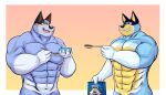  7:4 abs absurd_res anthro australian_cattle_dog bandit_heeler big_muscles blue_body blue_fur bluey_(series) bowl canid canine canis cattledog container domestic_dog duo eating eddiefragoso frosted_flakes fur gradient_background herding_dog hi_res kellogg&#039;s looking_at_another male mammal mascot multicolored_body multicolored_fur muscular muscular_anthro muscular_male open_mouth pastoral_dog pecs pink_tongue simple_background smile stripe_heeler teeth three_frame_sequence tongue tony_the_tiger 