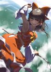  1girl ;d above_clouds absurdres aku_tako arm_up armpits blunt_bangs blurry blurry_foreground bow breasts brown_hair cloud day depth_of_field detached_sleeves eyebrows_hidden_by_hair flying gohei hair_bow hair_tubes hakurei_reimu highres holding holding_stick long_hair long_sleeves looking_at_viewer lower_teeth_only medium_breasts midriff navel nostrils one_eye_closed open_mouth outdoors red_eyes red_skirt red_vest side_slit sideboob skirt skirt_set smile solo stick teeth touhou vest 