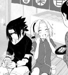  1boy 2girls ^_^ arm_warmers averting_eyes blush closed_eyes cup dango extra facing_another feet_out_of_frame food forehead forehead_protector greyscale haruno_sakura highres holding holding_cup mature_female monochrome multiple_girls naruto naruto_(series) popon_ta sitting smile sparkle squiggle sweatdrop tea uchiha_sasuke wagashi 