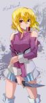  1girl blonde_hair boots closed_mouth clothing_cutout eyebrows_hidden_by_hair floating_hair grey_background gundam gundam_seed gundam_seed_destiny hair_between_eyes highres holding holding_knife jacket knife long_hair long_sleeves looking_at_viewer miniskirt pleated_skirt purple_jacket red_eyes shoulder_cutout skirt solo standing stellar_loussier thigh_boots twitter_username yuuka_seisen 