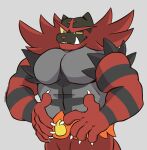  2023 5_fingers anthro claws fingers generation_7_pokemon green_eyes grey_background grey_body hi_res incineroar male muscular muscular_anthro muscular_male nintendo pokemon pokemon_(species) red_body sharp_teeth simple_background solo syncrotrace teeth yellow_sclera 