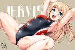  1girl alternate_costume armpits arms_behind_head black_one-piece_swimsuit blonde_hair blue_eyes blush breasts character_name highres jervis_(kancolle) kantai_collection long_hair looking_at_viewer lying on_back one-piece_swimsuit open_mouth small_breasts solo spread_legs swimsuit yellow_quokka 