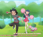  absurdres black_hair blue_hair cheerleader commission commissioner_upload dawn_(pokemon) english_text forest goh_(pokemon) hair_ornament hairclip highres holding holding_poke_ball meiji_(kurumierika) miniskirt nature pink_skirt piplup poke_ball pokemon pokemon_(anime) pokemon_journeys pom_pom_(cheerleading) skirt sweatdrop 