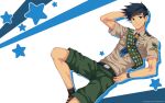  1boy arm_behind_head badge black_background black_hair blue_eyes blue_outline blue_ribbon blue_wristband breast_pocket camp_buddy closed_mouth foot_out_of_frame green_shorts grey_shirt hamasaki_natsumi hand_on_own_hip highres male_focus mikkoukun outline pocket ribbon shirt short_sleeves shorts solo starry_background white_background 