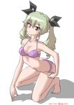  1girl absurdres anchovy_(girls_und_panzer) arched_back barefoot black_ribbon bra breasts closed_mouth dated drill_hair drops_mint girls_und_panzer green_hair hair_ribbon halterneck hand_on_own_hip highres kneeling light_frown long_hair looking_at_viewer medium_breasts panties purple_bra purple_panties red_eyes ribbon shadow simple_background solo twin_drills twintails twitter_username underwear underwear_only white_background 