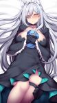  1girl animal_ears balaclava black_choker blue_archive choker closed_eyes cross_hair_ornament dress fi-san gloves grey_hair hair_ornament highres holding long_hair lying on_back shiroko_(blue_archive) shiroko_(terror)_(blue_archive) solo thigh_strap two-sided_dress two-sided_fabric wolf_ears 