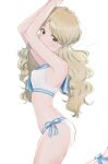  1girl ankle_ribbon armpits arms_up artist_name bikini blonde_hair blue_ribbon blue_sailor_collar blush bow hair_bow handa_roco haruakip highres idolmaster idolmaster_million_live! idolmaster_million_live!_theater_days leg_ribbon long_hair looking_at_viewer ribbon sailor_collar sailor_swimsuit_(idolmaster) side-tie_bikini_bottom simple_background solo standing standing_on_one_leg swimsuit twintails white_background yellow_eyes 
