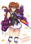  1girl artist_name bare_shoulders blue_eyes blush breasts brown_hair closed_mouth dated highres long_hair looking_at_viewer lyrical_nanoha mahou_shoujo_lyrical_nanoha mahou_shoujo_lyrical_nanoha_a&#039;s mahou_shoujo_lyrical_nanoha_a&#039;s_portable:_the_battle_of_aces material-s microphone miniskirt navel ponytail san-pon simple_background skirt small_breasts smile solo 