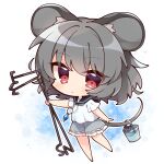  1girl :&lt; absurdres adapted_costume animal_ear_fluff animal_ears blue_background bucket chibi dowsing_rod full_body grey_hair grey_shorts highres holding holding_with_tail jewelry medium_hair misosiru_0224 mouse mouse_ears mouse_tail nazrin pendant prehensile_tail red_eyes sailor_collar shirt short_sleeves shorts solo tail touhou white_background white_shirt 