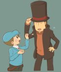  2boys black_eyes blue_background blue_headwear blue_sweater blush brown_hair brown_headwear brown_jacket brown_pants cabbie_hat closed_eyes collared_shirt commentary_request cropped_legs facing_viewer feeding food hand_on_own_hip hand_up hands_up hat hershel_layton high_collar highres holding holding_food holding_spoon jacket kiwami_(kiwamimuneko) long_sleeves luke_triton male_focus multiple_boys open_clothes open_jacket open_mouth orange_sweater pants professor_layton shirt short_hair simple_background smile spoon standing suspenders suspenders_hanging sweater top_hat white_shirt 
