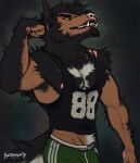  absurd_res acidwuff anthro armpit_hair body_hair canid canine canis clothed clothing ear_piercing facial_piercing flexing hair hi_res jockstrap male mammal muscular muscular_anthro muscular_male nipples nose_piercing nose_ring piercing ring_piercing shirt simple_background solo tail tank_top topwear underwear wolf 