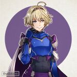  1girl ahoge armor black_gloves blonde_hair blue_eyes breastplate cape circle commentary cosplay covered_abs fire_emblem fire_emblem_engage gloves grey_background gzei hairband hand_up highres lapis_(fire_emblem) lapis_(fire_emblem)_(cosplay) merrin_(fire_emblem) purple_hairband short_hair shoulder_armor solo upper_body 