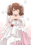 1girl bridal_veil brown_eyes brown_hair choker collarbone commentary_request commission cowboy_shot dress enjaku_izuku flat_chest frilled_dress frills gloves gradient_background highres kantai_collection long_hair looking_at_viewer magatama one_eye_closed ryuujou_(kancolle) shikigami solo twintails veil wedding_dress white_choker white_gloves 