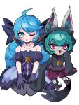  2girls :o :p bare_shoulders beseunaj-jamjaneun_gemdol-i black_bow black_dress black_hoodie blue_hair bow collarbone detached_sleeves dress ears_through_headwear frilled_dress frills gloves green_eyes grey_dress gwen_(league_of_legends) hair_bow highres hood hood_up hoodie league_of_legends multiple_girls pink_eyes pink_shorts purple_gloves seiza shorts simple_background sitting slit_pupils smile swept_bangs toeless_footwear tongue tongue_out vex_(league_of_legends) white_background yordle 