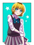  1girl black_sweater_vest blonde_hair blue_background blue_bow blue_bowtie blue_eyes blush bob_cut bow bowtie closed_mouth collar grey_skirt highres inverted_bob looking_at_viewer memcho oshi_no_ko shirt short_hair simple_background skirt smile solo star_(symbol) sweater_vest tonton_(6kbgievnt89kt1f) white_collar white_shirt 