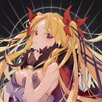 1girl alternate_costume alternate_hairstyle amayu_yuzukabe arm_up blonde_hair breasts bridal_gauntlets cape cleavage dress ereshkigal_(fate) fate/grand_order fate_(series) fur_trim gold_trim hair_ribbon highres light_frown long_hair red_cape red_eyes red_ribbon ribbon see-through solo swimsuit very_long_hair watermark 