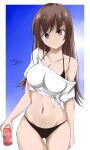  1girl bikini black_bikini blue_sky breasts brown_eyes brown_hair can cloud cowboy_shot gakky holding holding_can kantai_collection looking_at_viewer medium_breasts navel one-hour_drawing_challenge ooi_(kancolle) shirt sky soda_can solo swimsuit t-shirt thigh_gap tied_shirt white_shirt 