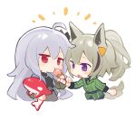  2girls :o ahoge alternate_costume animal_ears arknights black_shirt blue_jacket chibi commentary cropped_torso feeding grani_(arknights) grani_(miraculous_moment)_(arknights) green_jacket grey_hair grey_skirt hair_between_eyes highres holding holding_stuffed_toy horse_ears ice_cream_cone jacket jitome light_brown_hair long_hair multicolored_hair multiple_girls necktie niko_(nikooo2016) official_alternate_costume open_mouth ponytail purple_eyes red_eyes shirt simple_background skadi_(arknights) skirt streaked_hair striped_necktie stuffed_orca stuffed_toy triangle_hair_ornament white_background yellow_necktie 