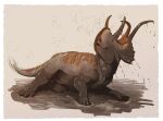  2022 absurd_res ambiguous_gender beak border brown_background brown_body brown_skin ceratopsian diabloceratops dinosaur eyes_closed feral full-length_portrait glistening glistening_body glistening_scales hi_res horn looking_away lying lying_on_ground mud muddy muscular on_side ornithischian portrait quills reptile scales scalie simple_background smile solo striped_body stripes tail the_meep_lord white_border 