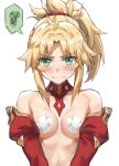  1girl blonde_hair braid breasts detached_collar detached_sleeves fate/apocrypha fate/grand_order fate_(series) french_braid green_eyes highres long_hair looking_at_viewer mordred_(fate) mordred_(fate/apocrypha) navel parted_bangs pasties ponytail pout sidelocks small_breasts solo spoken_squiggle squiggle tonee topless 