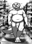  annoyed anthro black_and_white chubby_male gammel genitals hi_res male mammal monochrome mustelid otter penis slightly_chubby solo walking_towards_viewer 