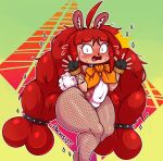  blush blush_lines bodily_fluids clothing female fishnet fishnet_legwear flat_chested hair hi_res lagomorph legwear leporid mammal pachislot rabbit red_hair sweat thick_thighs 