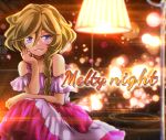  1girl bare_shoulders blonde_hair blue_eyes blush braid braided_ponytail carol_malus_dienheim dress grin highres lamppost long_hair looking_at_viewer mole mole_under_eye multicolored_eyes outdoors pink_eyes senki_zesshou_symphogear smile snowing solo tanashi_(mk2) 