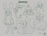  big_ears black_sclera clothing colored_lines cute_expression duskdragyn genitals goo_creature green_clothing green_eyes guide_lines gummigo hoodie hybrid lagomorph leporid lines_drawn male mammal model_sheet penis rabbit solo topwear 